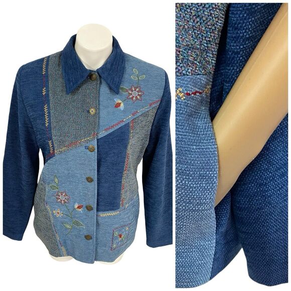 Alfred Dunner Blazer Womens Sz 8 Cottagecore Granny Patchwork Blue Jacket Art - Picture 2 of 14